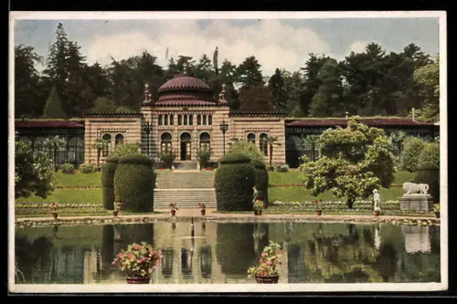 AK Stuttgart, Schloss Wilhelma, Parkanlage, Teich, Löwenstatue