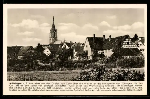 AK Möhringen a. F., Ortsansicht mit Kirche und historischen Fachwerkhäusern