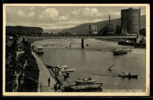 AK Stuttgart-Cannstatt, Am Neckar, Flussufer, Brücke, Gasometer