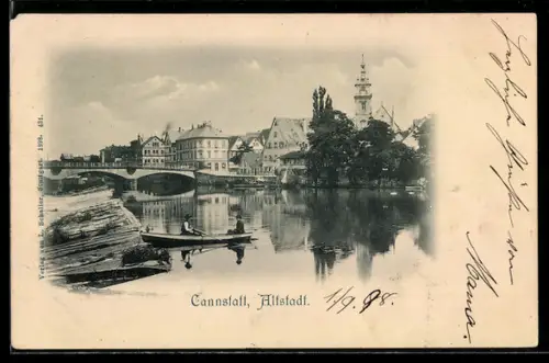 AK Cannstatt, Altstadt mit Brücke vom Wasser aus
