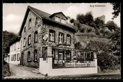 AK Trechtingshausen, Hotel-Restaurant Morgenbachtal, Bes. Walter J. Kunzmann, Burg Reichenstein im Hintergrund