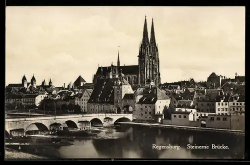 AK Regensburg, Steinerne Brücke mit Kirche