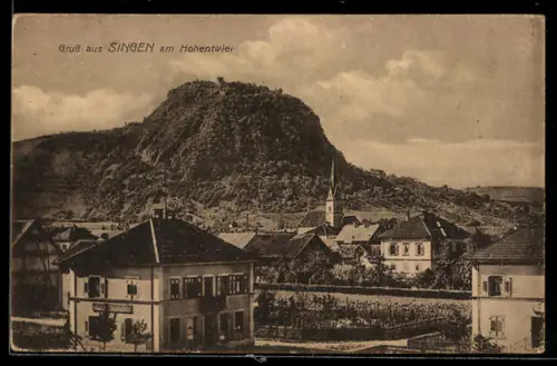 AK Singen am Hohentwiel, Ortspartie mit Kirche
