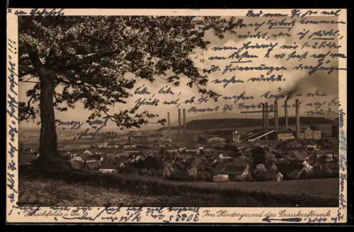 AK Hirschfelde in Sa., Ortsansicht mit Grosskraftwerk im Hintergrund