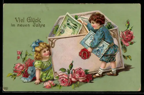 Präge-AK Kinderpaar mit Geldscheinen im Kuvert, Neujahrsgruss