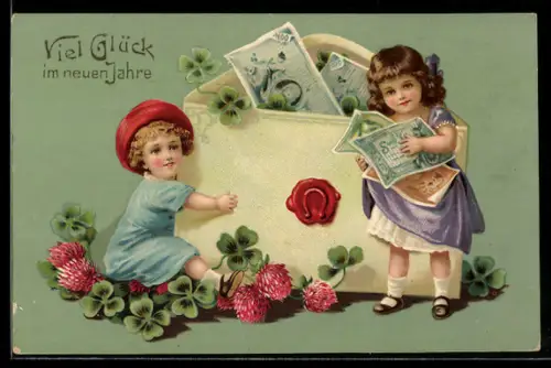 AK Zwei Mädchen mit Geldscheinen im Briefumschlag, Neujahrsgruss