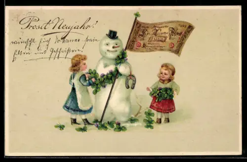 Präge-AK Kinder bauen Schneemann mit Geldschein als Fahne, Neujahrsgruss