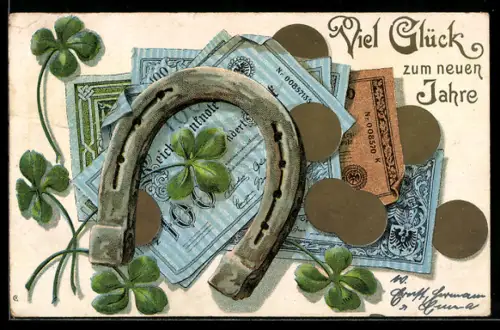 AK Hufeisen mit Geldnoten-, Münzen und Kleeblättern, Neujahrsgruss