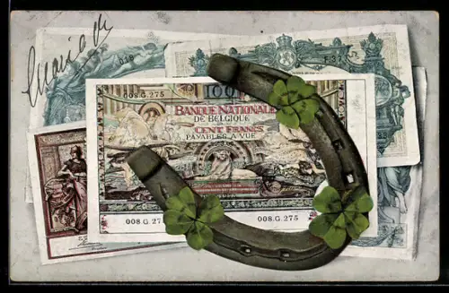 AK Belgische Geldscheine mit Kleeblättern und Hufeisen
