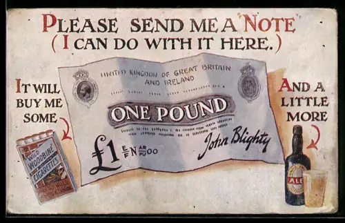 Künstler-AK United Kingdom, Geldschein, Zigaretten und Bier