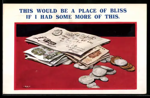 AK Britische Banknoten über 1 und 5 Pfund, Münzen, Geld