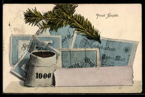 AK Geldsack, Banknoten und Tannenzweig, Neujahrsgruss