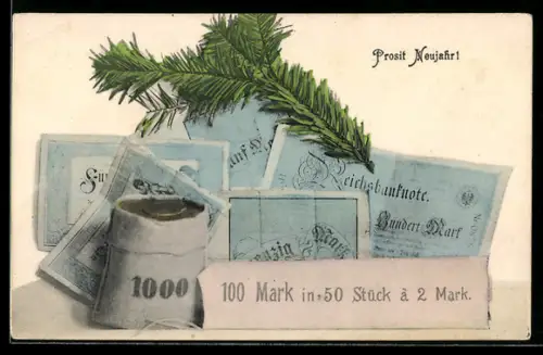 AK Geldsack, Banknoten und Tannenzweig, Neujahrsgruss