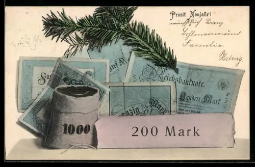 AK Neujahrsgruss, Geld & Tannenzweig