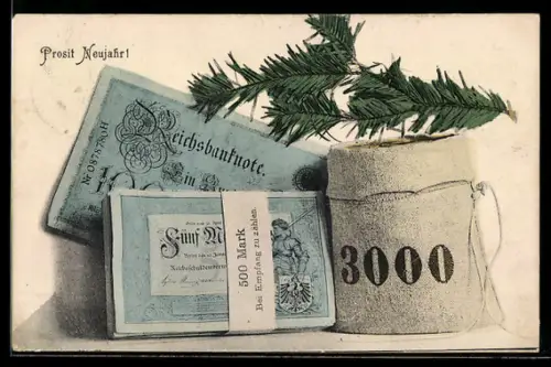 AK Geldscheine und Sack mit Geldmünzen, Tannenzweig, Neujahrsgruss