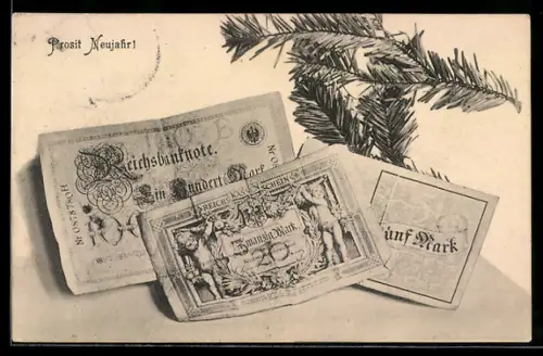 AK Geldscheine mit einem Tannenzweig, Neujahrsgruss