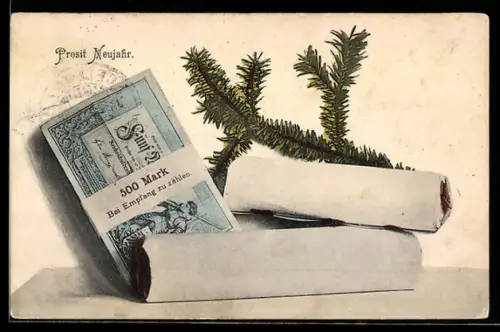 AK Geldscheine, gerollte Münzen und Tannenzweig, Neujahrsgruss