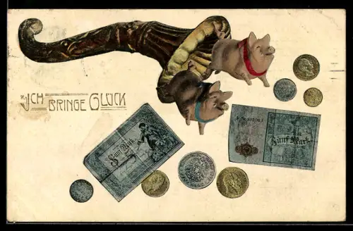 AK Horn mit Geldscheinen-, Münzen und Glücksschweinen