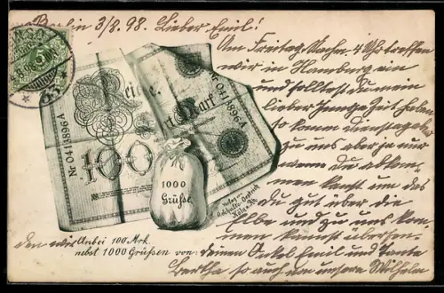 AK Geldschein und Sack mit eintausend Grüssen