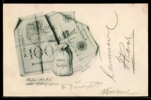 AK Geldschein und Sack mit eintausend Grüssen