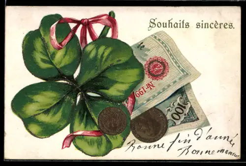 AK Geldschein mit Münzen und Kleeblatt, Glückwunsch