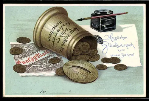 AK Spardose mit Geldmünzen, Tintenfass und Geldschein