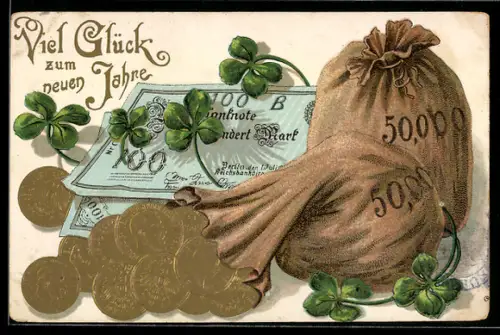 Präge-AK Geldsäcke, Banknoten und Münzen, Neujahrsgruss