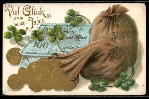 AK Geldbeutel mit goldenen Münzen, Geldnoten und vierblättrige Kleeblätter, Neujahrskarte