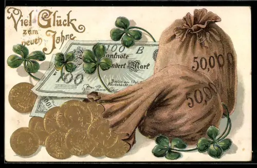 AK Geldbeutel mit goldenen Münzen, Geldnoten und vierblättrige Kleeblätter, Neujahrskarte