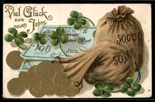 Präge-AK Geldsäcke, Banknoten und Münzen, Neujahrsgruss