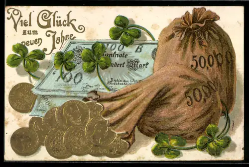 Präge-AK Geldsäcke, Banknoten und Münzen, Neujahrsgruss