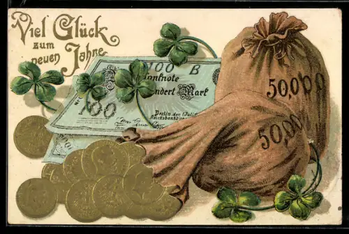 Präge-AK Geldsäcke, Banknoten und Münzen, Neujahrsgruss