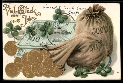 AK Geldbeutel mit goldenen Münzen, Geldnoten und vierblättrige Kleeblätter, Neujahrskarte