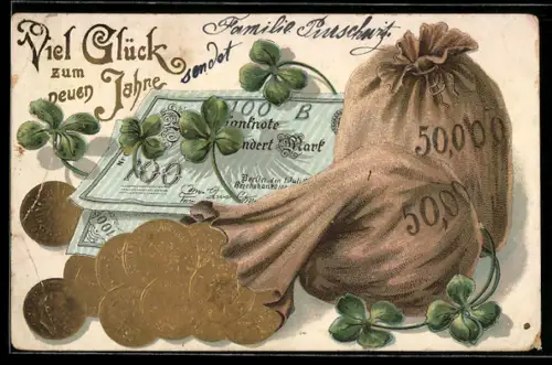 Präge-AK Geldsäcke, Banknoten und Münzen, Neujahrsgruss