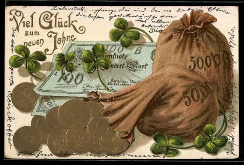 Präge-AK Geldsäcke, Banknoten und Münzen, Neujahrsgruss