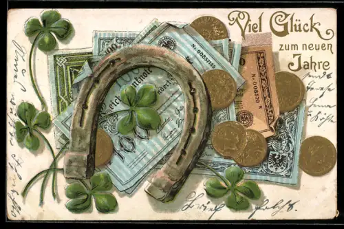 Präge-AK Geldscheine- und Münzen, Hufeisen und Kleeblätter, Neujahrsgruss