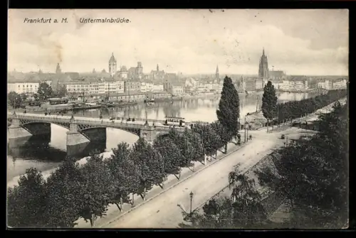 AK Frankfurt a. M., Untermainbrücke mit Strassenbahn
