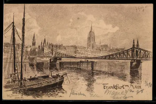 Künstler-AK Carl Jander: Frankfurt, Stadtansicht mit Brückenpartie am Main, Boot