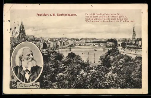 AK Frankfurt a. M.-Sachsenhausen, Uferpartie mit Dom, Friedrich Stoltze