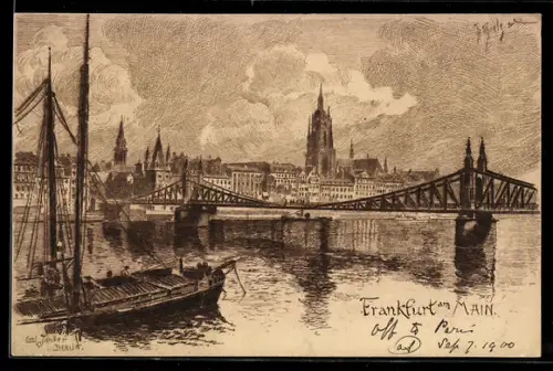 Künstler-AK Carl Jander: Frankfurt, Stadtansicht mit Brückenpartie am Main, Boot
