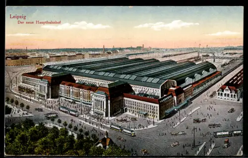 AK Leipzig, Neuer Hauptbahnhof mit Strassenbahnen