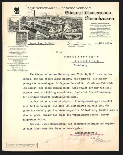 Briefkopf Thannhausen 1925, Edmund Zimmermann, Fleischwaren- u. Konservenfabrik, Fabriken mit Umgebung