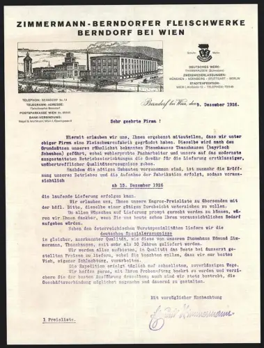 Briefkopf Berndorf bei Wien 1926, Zimmermann, Fleischwerk, Aussenansicht der Fabrikanlage