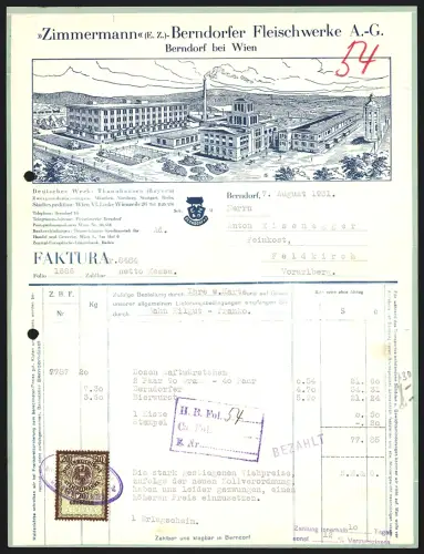 Rechnung Berndorf bei Wien 1931, Zimmermann, Fleischwerke, Fabriken mit Schornstein in der Aussenansicht