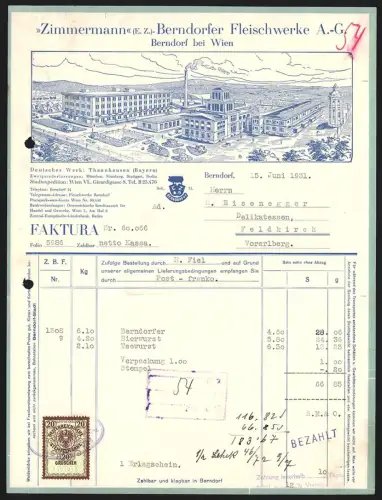 Rechnung Berndorf bei Wien 1931, Zimmermann, Fleischwerke, Aussenansicht der Werke