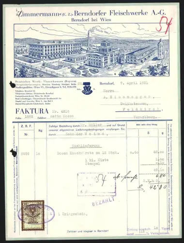 Rechnung Berndorf bei Wien 1931, Zimmermann, Fleischwerke, Aussenansicht der Fabrik mit Schornstein