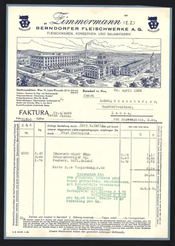 Rechnung Berndorf bei Wien 1936, Zimmermann, Fleischwerke für Konserven und Salami, Fabrikanlage aus der Vogelschau