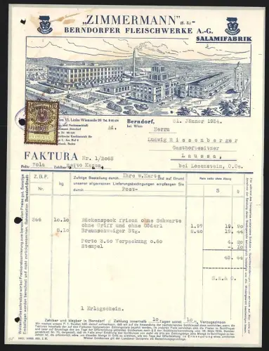 Rechnung Berndorf bei Wien 1934, Zimmermann, Fleischwerke und Salamifabrik, Vogelschau auf die Fabrik mit Umgebung