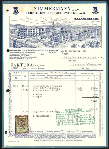 Rechnung Berndorf bei Wien 1935, Zimmermann, Fleischwerke und Salamifabrik, Vogelschau auf die Fabrik und Umgebung