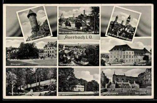 AK Auerbach, Mehrfachansichten, Blick von Strasse, Postamt, Altmarkt
